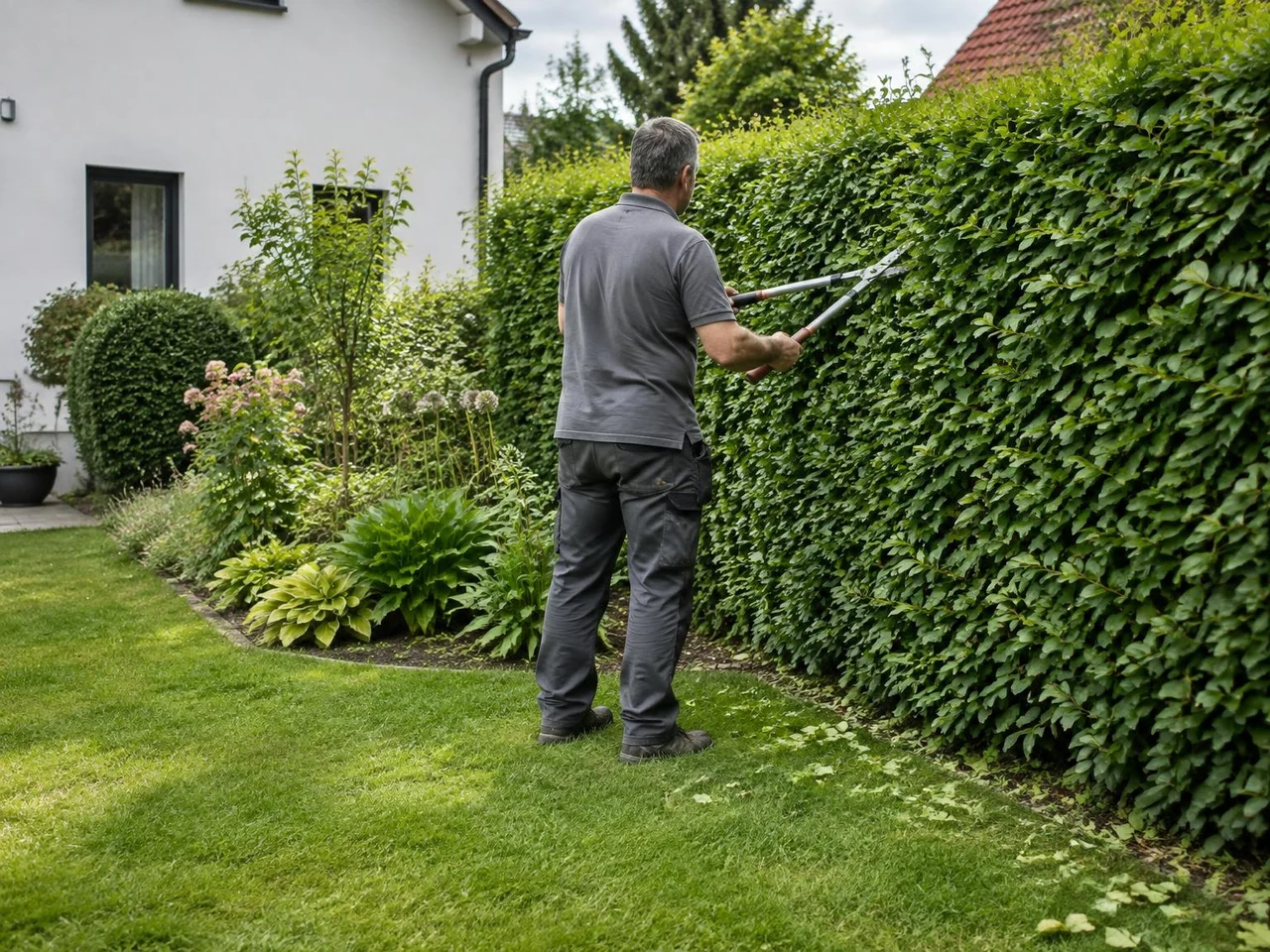 KI-generiertes Beispielmotiv: Person in neutraler Arbeitskleidung schneidet eine Gartenhecke mit einer Handschere neben Rasen und bepflanztem Beet
