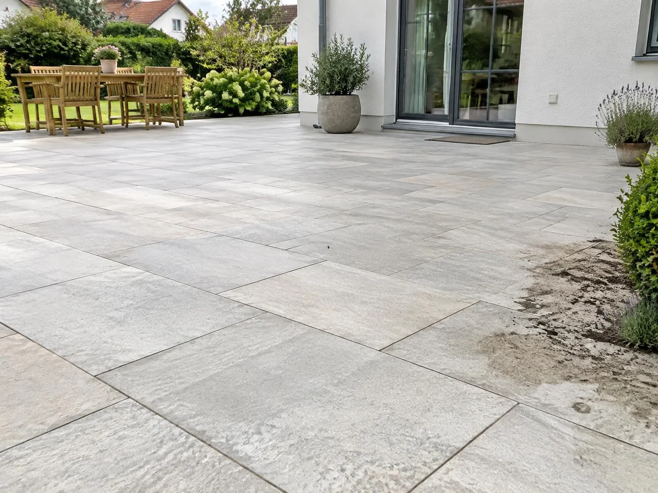 KI-generiertes Beispielmotiv: Helle Terrassenplatten mit natürlichen Steintexturen und leichter Verschmutzung am Rand vor einem Wohnhaus mit Garten