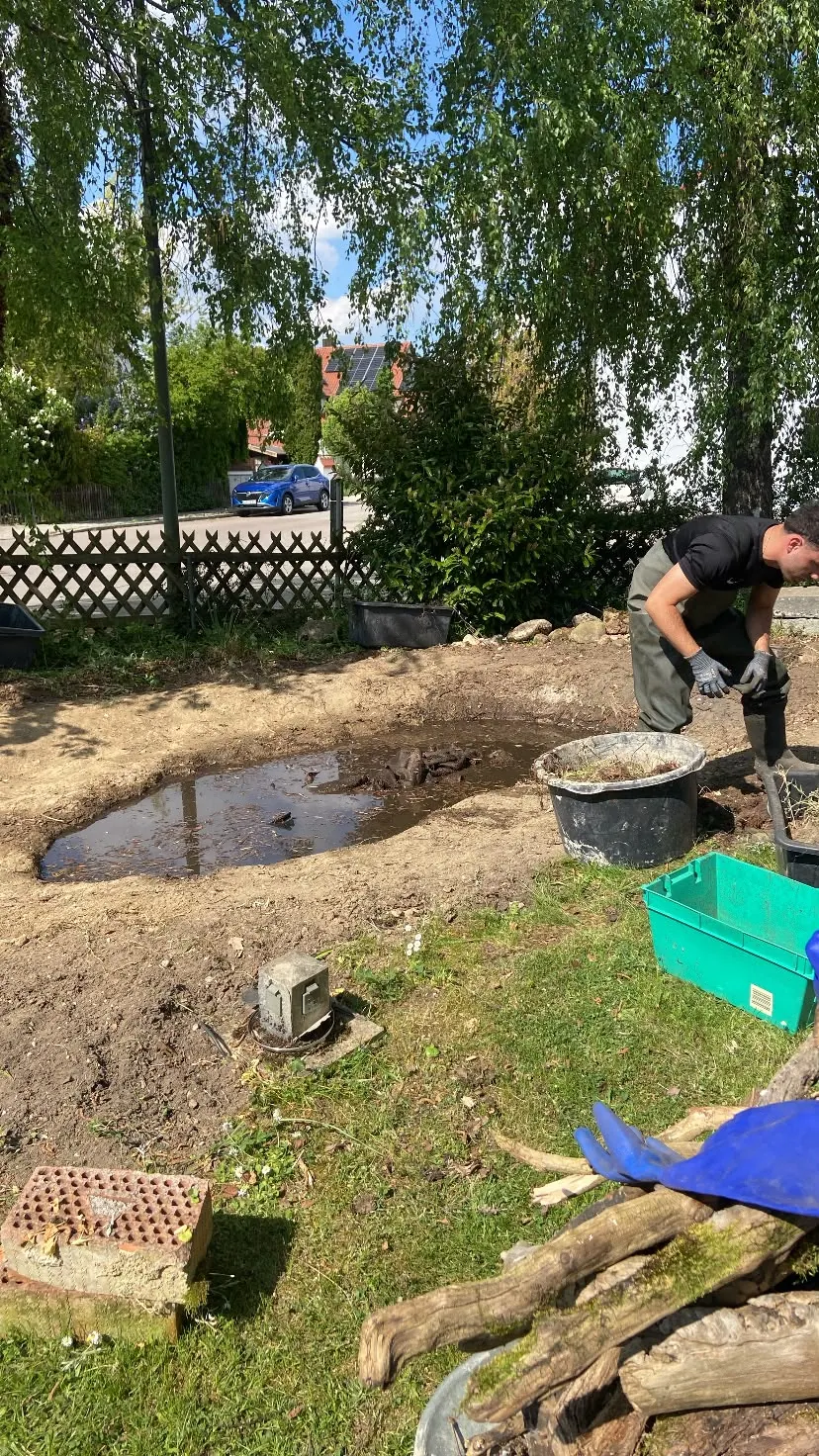Rückbauarbeiten an einem Gartenteich