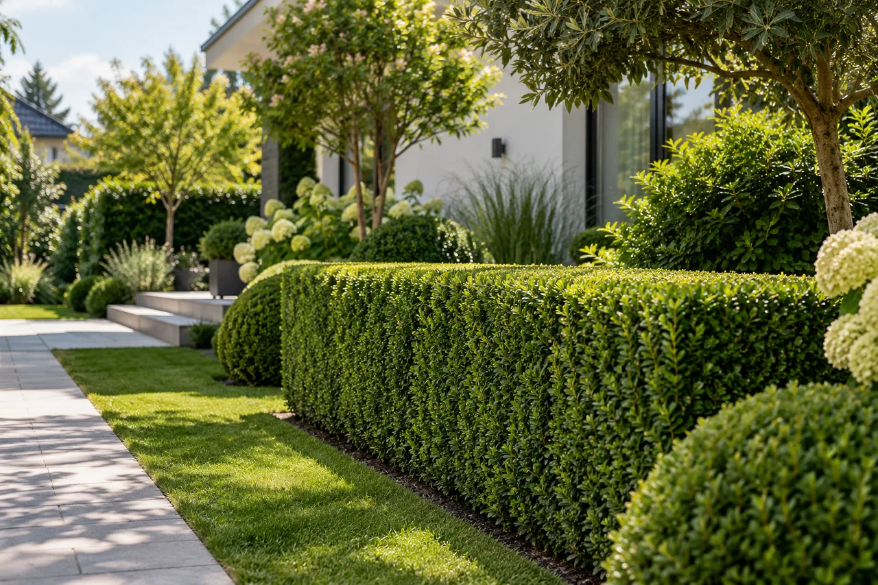 KI-generiertes Beispielmotiv: sauber geschnittene grüne Gartenhecke vor einem gepflegten Hausgarten, ohne Menschen